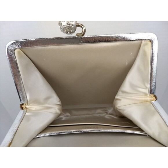 Vintage AFTER FIVE Silver Evening Clutch Hand Bag Rhinestone Orbs Kiss‎ Lock - Picture 11 of 16